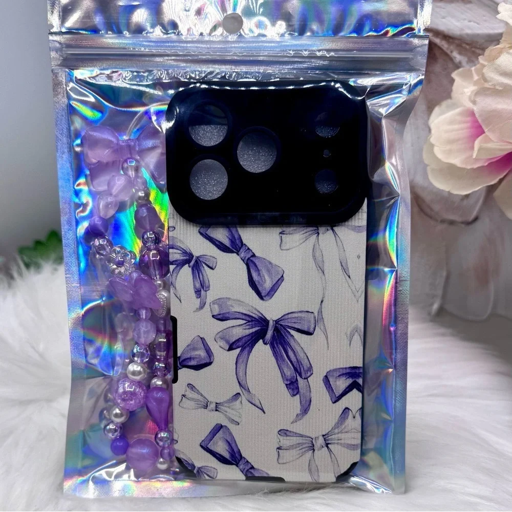 Chic Purple Bow iPhone 17 Pro Case with Phone Bow Beaded lanyard